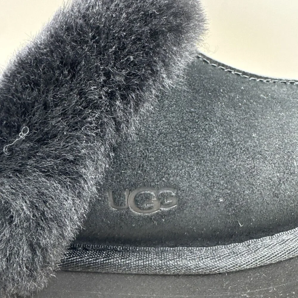 UGG Disquette Black Suede Fur Cuff Slide Platform Slipper Shoes Size 7 Women New